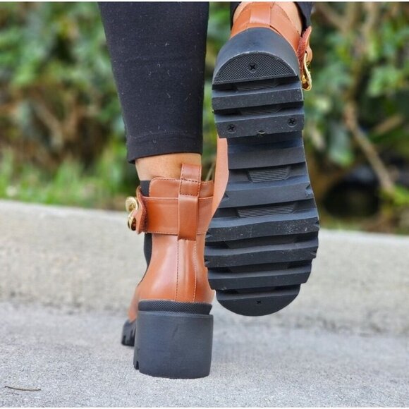 Women's Tan Combat Ankle Boots Heeled Booties - Picture 4 of 6
